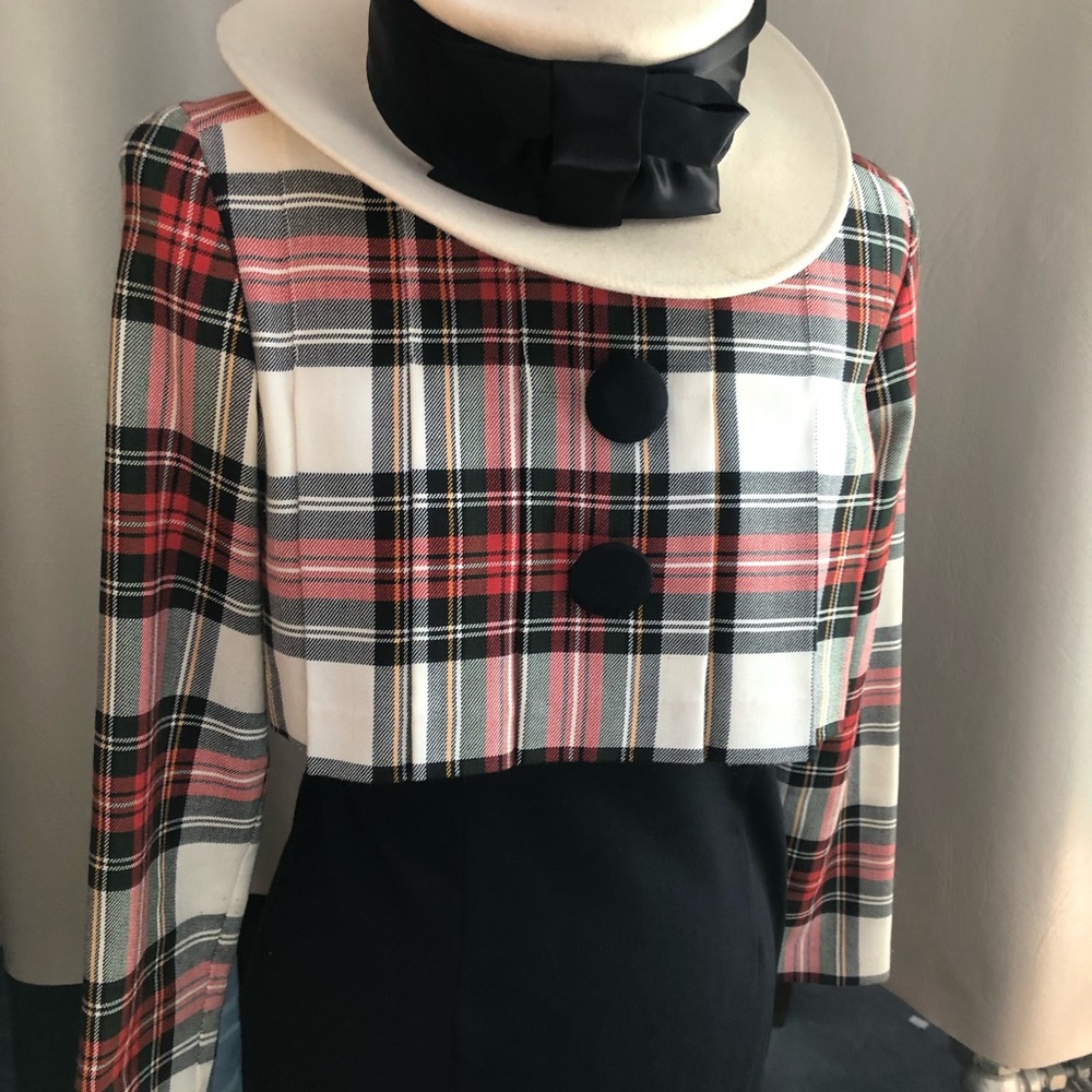 Vintage A-line black dress with pleated crop top and Bollman doeskin hat